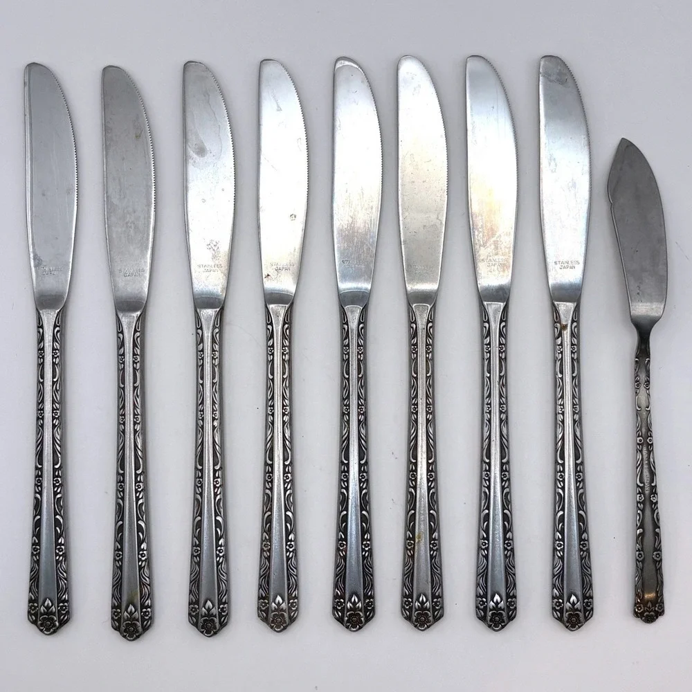 Vtg Interpur Mexicali Rose Stainless Japan Flatware 8 Knives 1 Butter Knife MCM